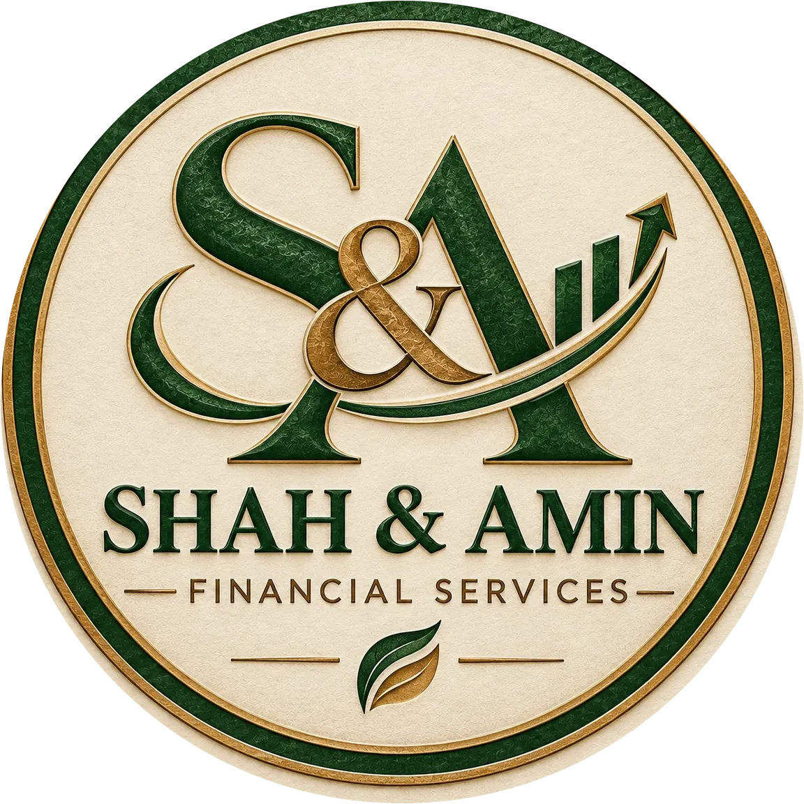 Shah & Amin Financial Services logo: an S&A monogram in deep green and gold with a rising arrow, inside a double ring